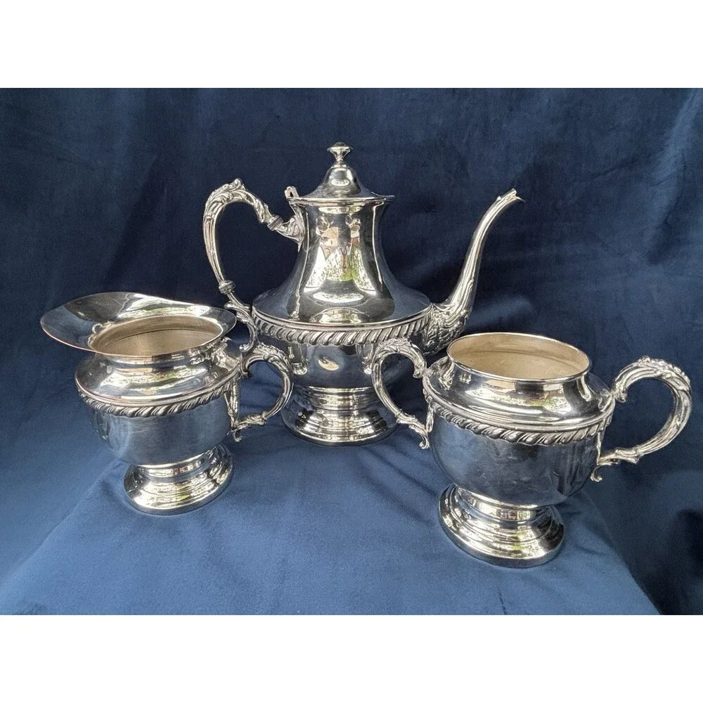 3-Piece Silverplate Tea/Coffee Set Lidded Pot Creamer Sugar Bowl Silver onCopper